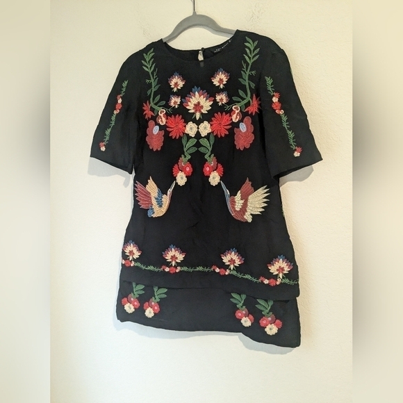 Zara Floral Birds Embroidered Silk Blend Tiered Mini Dress Feminine Bohemian - Picture 7 of 15